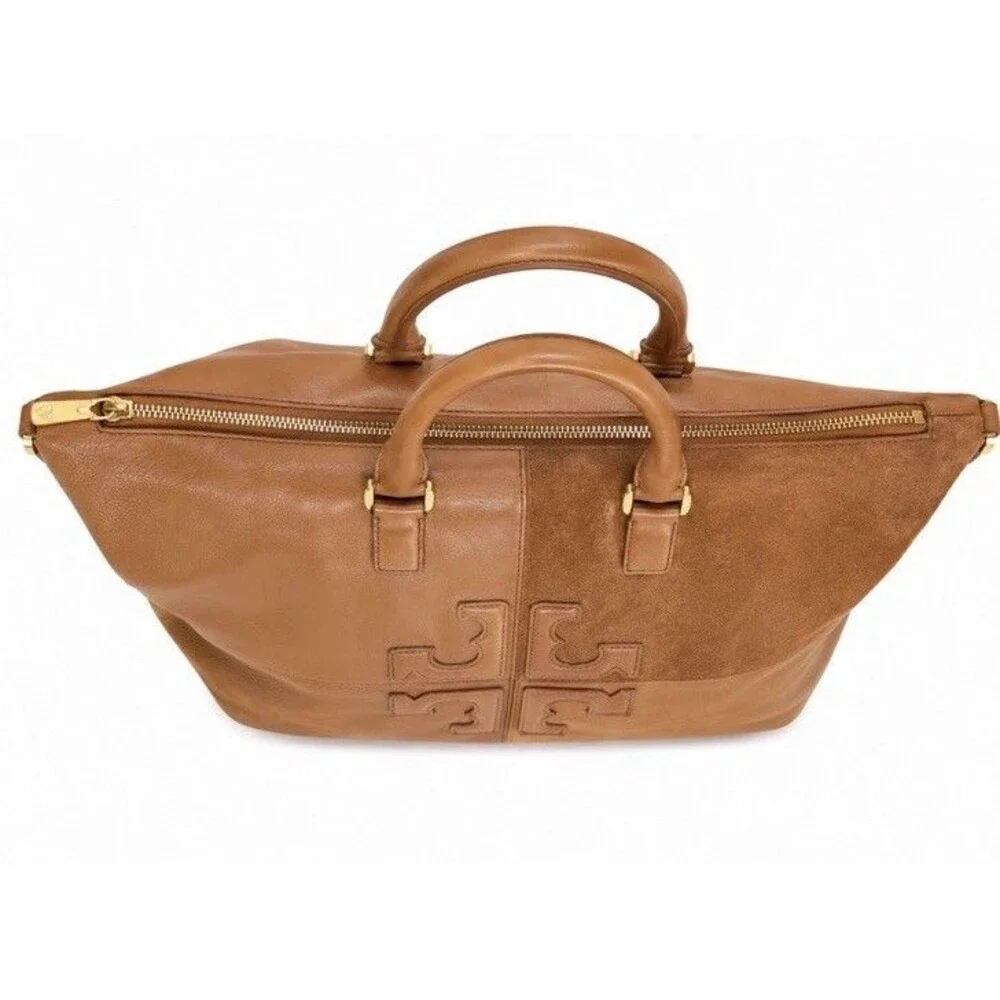 Tory Burch Natalie Patchwork Satchel Camel Brown Size Large Crossbody Strap